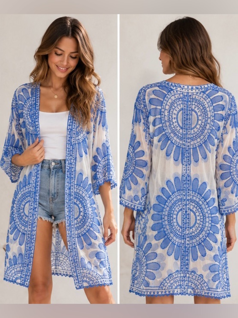 Rebellion Women's S Blue White Embroidered Mesh Kimono Duster Boho Cover Up